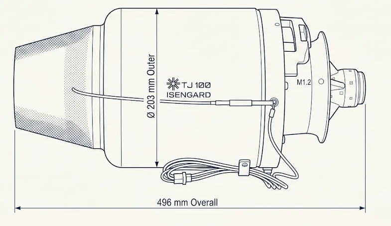 TJ-100 dimensioned drawing, 496 mm overall length